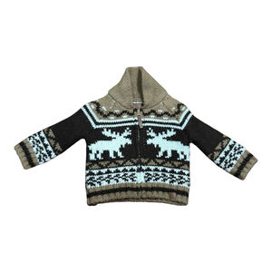 Canadiana Baby Sweater 3-6M Moose Fair Isle Zip Cardigan Blue Brown Knit Winter